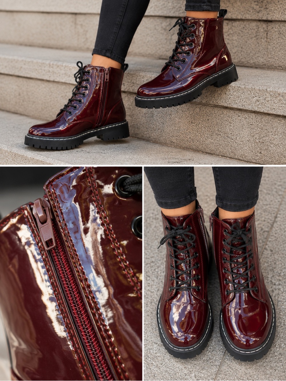 Sincerely Jules Burgundy Patent Lace-Up Combat Boots